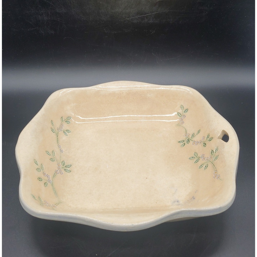 Mountain Meadows Pottery Square Ceramic 11" Bowl Impressed Leaves Beige